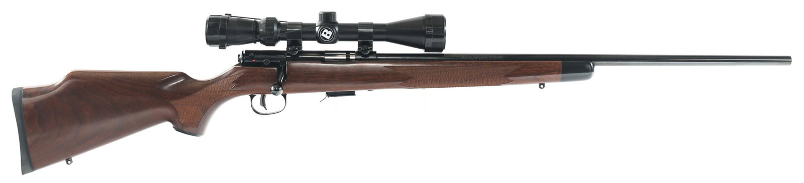 SAVAGE MODEL 93 .22 WMR CALIBER BOLT ACTION RIFLE: SAVAGE MODEL 93 .22 WMR CALIBER BOLT ACTION RIFLE Savage Model 93 .22 WMR caliber bolt action rifle. Blued finish. Checkered walnut stock. Savage Accu-trigger. No sights. Bushnell 3x9x40 scope with le