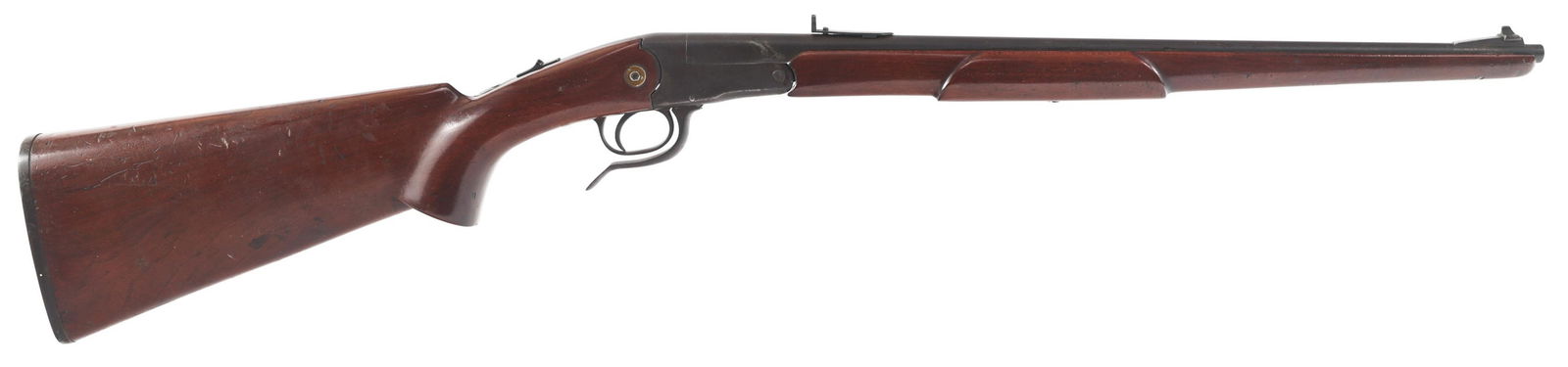 GERMAN .22 CALIBER BREAK OPEN STALKING RIFLE: GERMAN .22 CALIBER BREAK OPEN STALKING RIFLE German made .22 caliber lever break over stalking rifle. Barely legible German proofs on barrel. Wood stocks and butt plate. Adjustable rear sight, front b