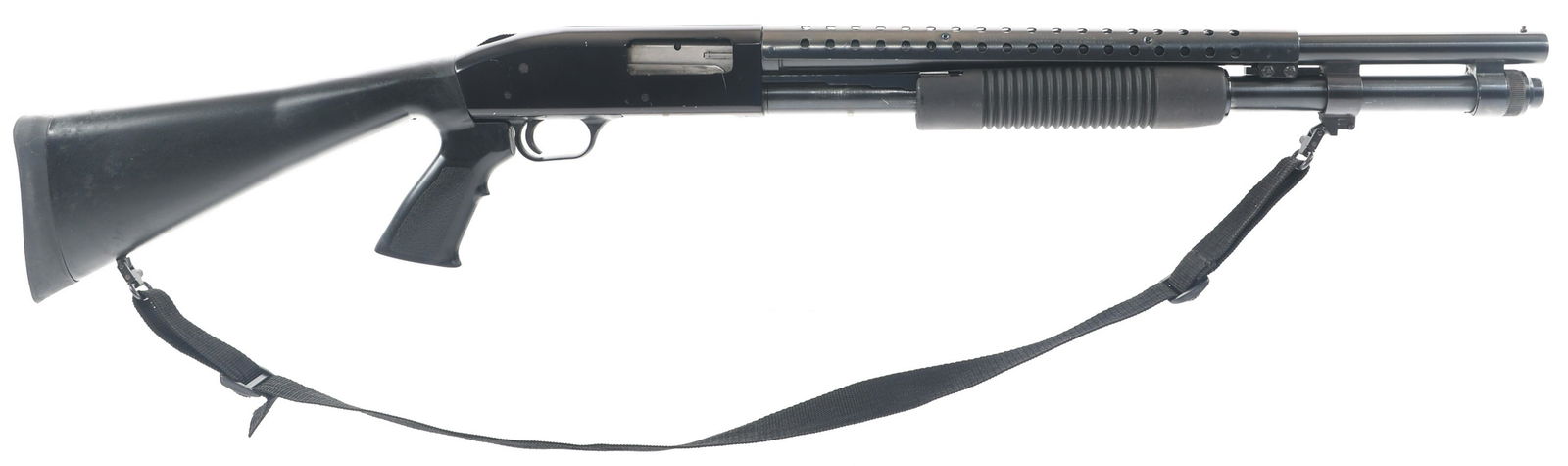 1991 MOSSBERG MODEL 590 12 GA PUMP ACTION SHOTGUN: 1991 MOSSBERG MODEL 590 12 GA PUMP ACTION SHOTGUN 1991 Mossberg Model 590 12 gauge pump action shotgun. 2.75" chamber. Open choke. Blued finish. Composite stock, pistol grip and fore grip. Heat shield