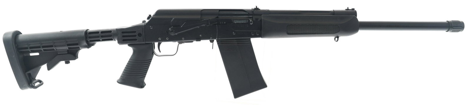 IZHMASH MODEL SAIGA 12 SEMI AUTO 12 GA SHOTGUN: IZHMASH MODEL SAIGA 12 SEMI AUTO 12 GA SHOTGUN Izhmash Model Saiga-12 12 gauge semi automatic shotgun. Import stamped "Legion USA Inc. Hallandale Beach FL." Matte black finish. Tapco collapsible compo