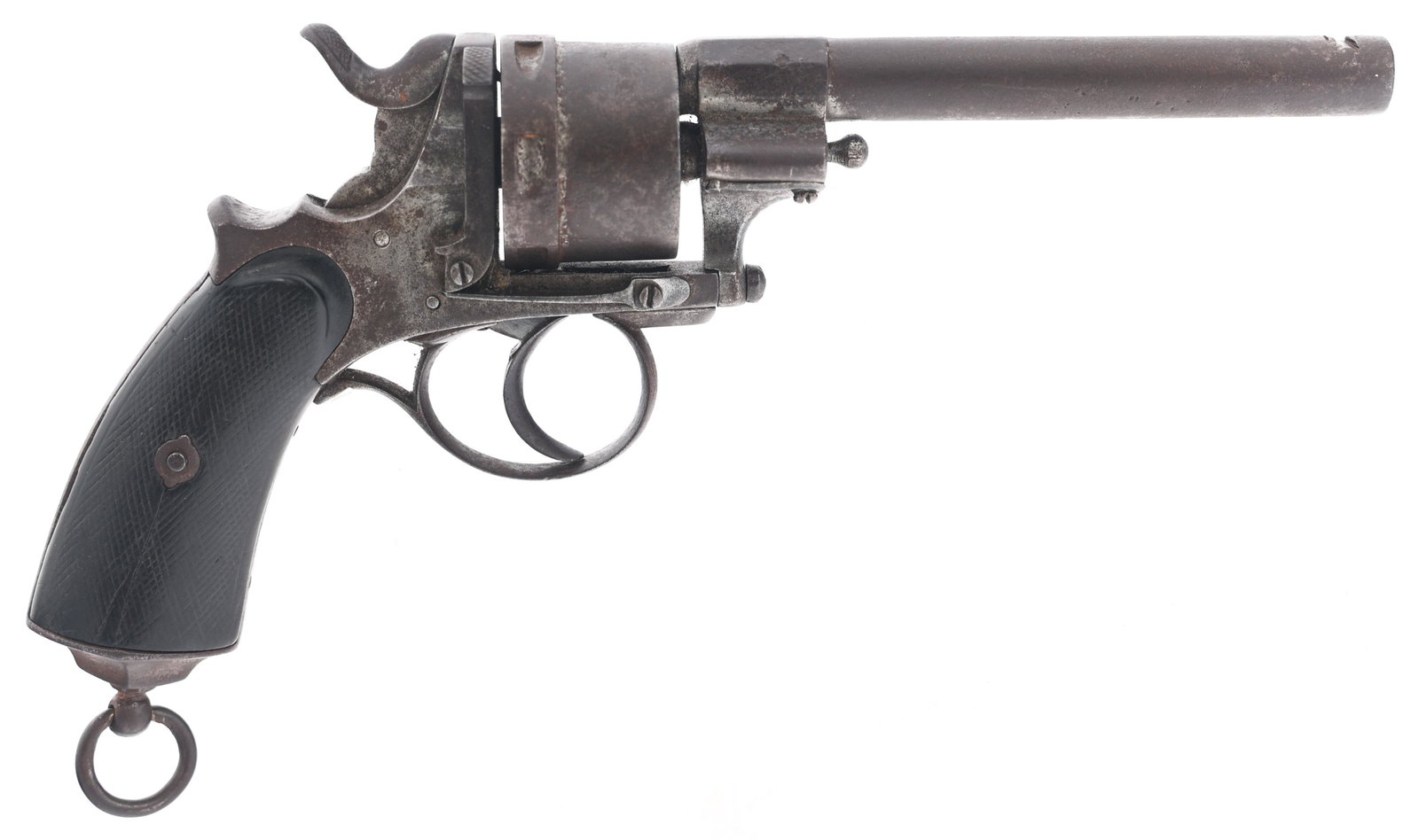 BELGIAN .45 CALIBER PINFIRE REVOLVER FOR REPAIR: BELGIAN .45 CALIBER PINFIRE REVOLVER FOR REPAIR Belgian .45 caliber pinfire revolver for parts or repair. Missing front sight and ejector. Wood grips. Lanyard loop on butt. | Caliber / Gauge: 45 | Bar