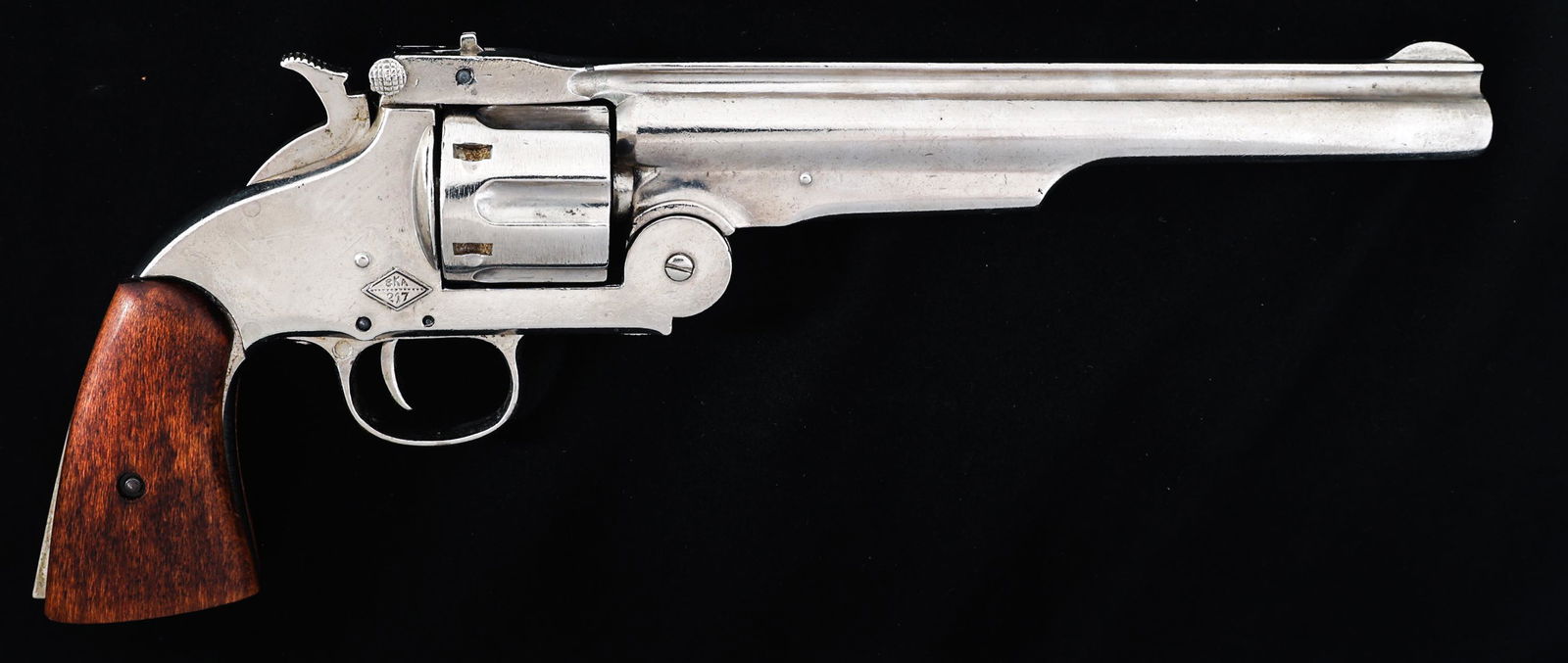 DENIX REPLICA SMITH & WESSON SCHOFIELD REVOLVER: DENIX REPLICA SMITH & WESSON SCHOFIELD REVOLVER Denix BKA 217 Replica Smith & Wesson Schofield Revolver. Non-firing. Nickel finish. Wood grips. Wood display box with red felt and copies of Old West il