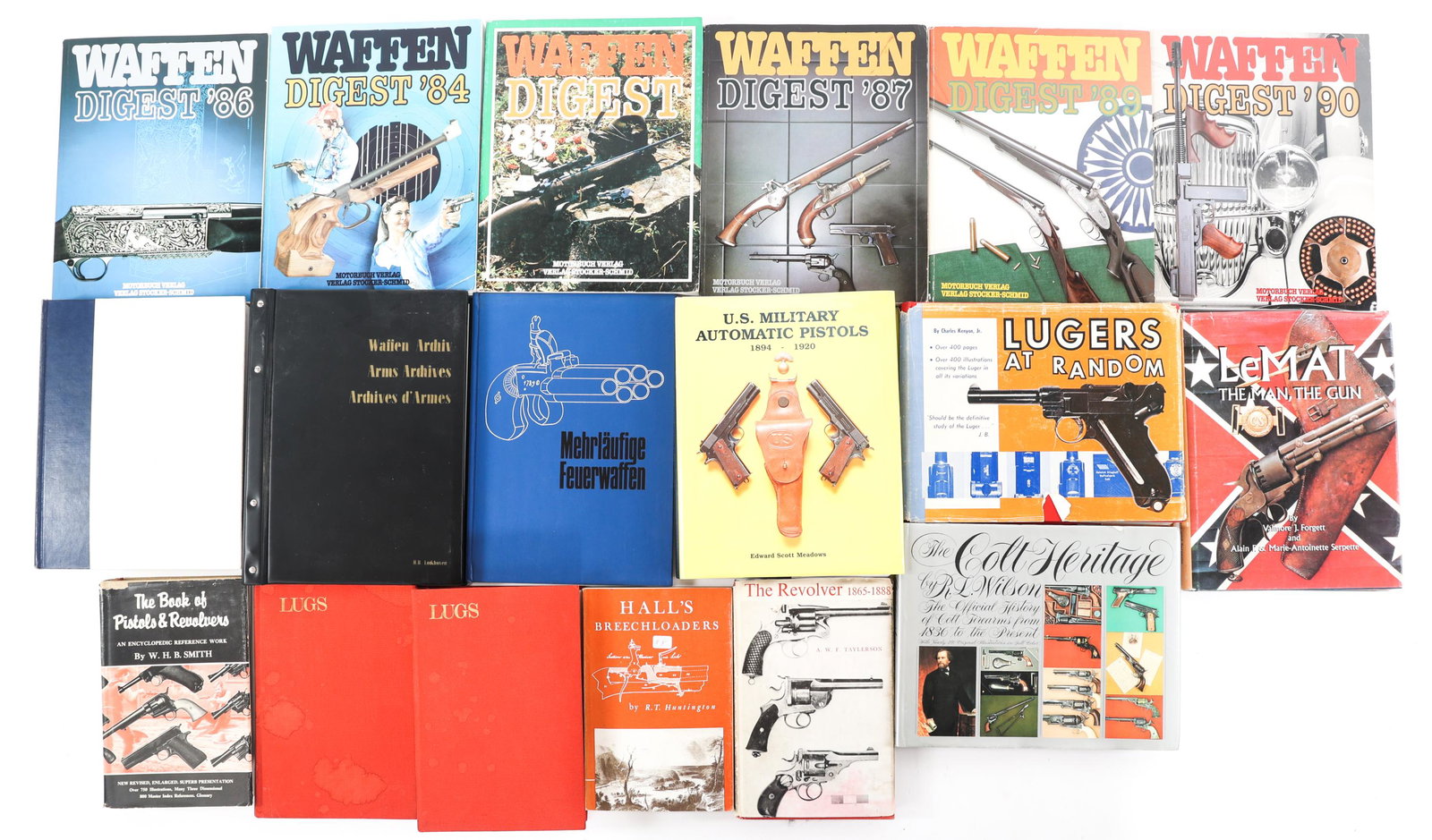 FIREARM REFERENCE BOOKS LOT: FIREARM REFERENCE BOOKS LOT Lot of firearm reference books. "US Military Automatic Pistols" by Edward Scott Meadows. "Lugers At Random" by Charles Kenyon. "The Book of Pistols & Revolvers" by WHB Smit