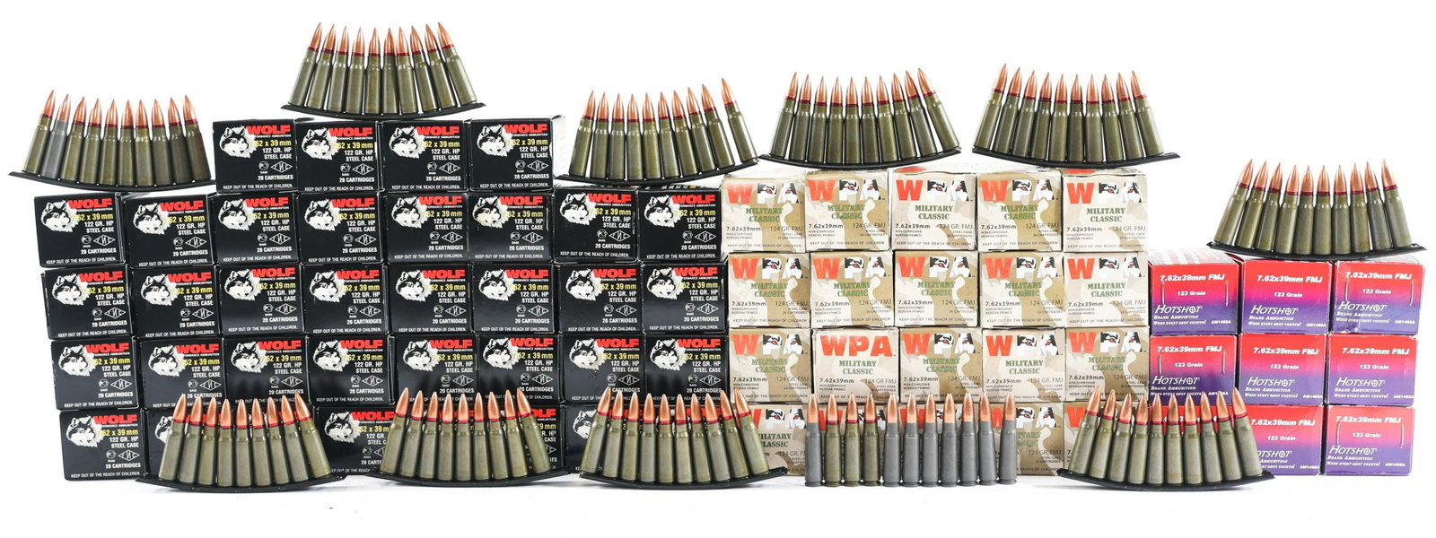 AMMUNITION CANS OF 7.62x39MM - 63 POUNDS TGW: AMMUNITION CANS OF 7.62x39MM - 63 POUNDS TGW Two ammo cans of 7.62x39mm caliber ammunition. Some in clips. 63.5 pounds total gross weight including packaging and cans. Some boxes may be partial. | Cal