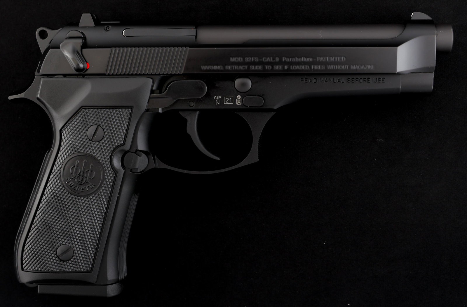 BERETTA MODEL 92FS 9mm CAL PISTOL: BERETTA MODEL 92FS 9mm CAL PISTOL Beretta Model 92FS 9x19mm caliber semi automatic pistol. Black finish. Checkered plastic grips with Beretta logo. Fixed sights. Two magazines. Gun lock. Manual. Plast