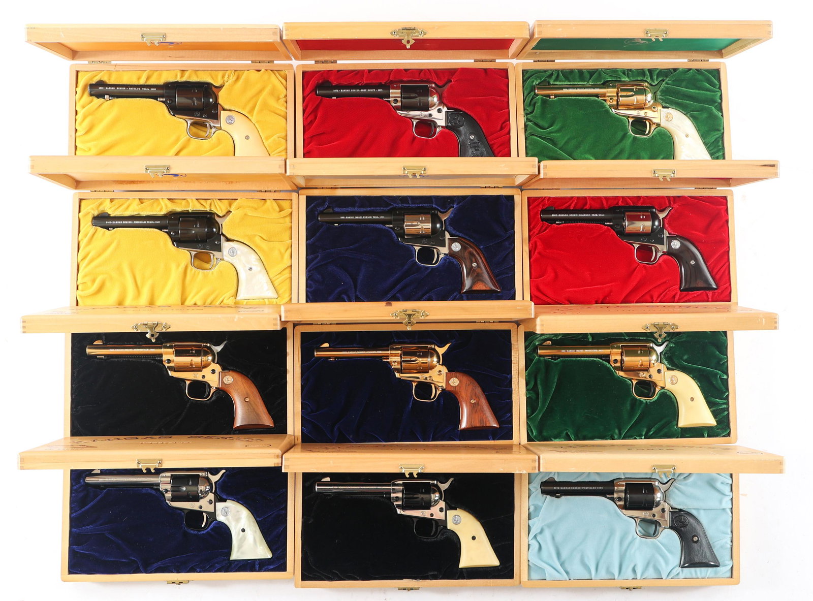COLT KANSAS SERIES FRONTIER SCOUT REVOLVER SET: COLT KANSAS SERIES FRONTIER SCOUT REVOLVER SET Colt Kansas Series Frontier Scout Model .22 LR caliber SAA revolver set of 12. #410 of 501 made, all with same serial number. Forts; Fort Hays, Fort Larn