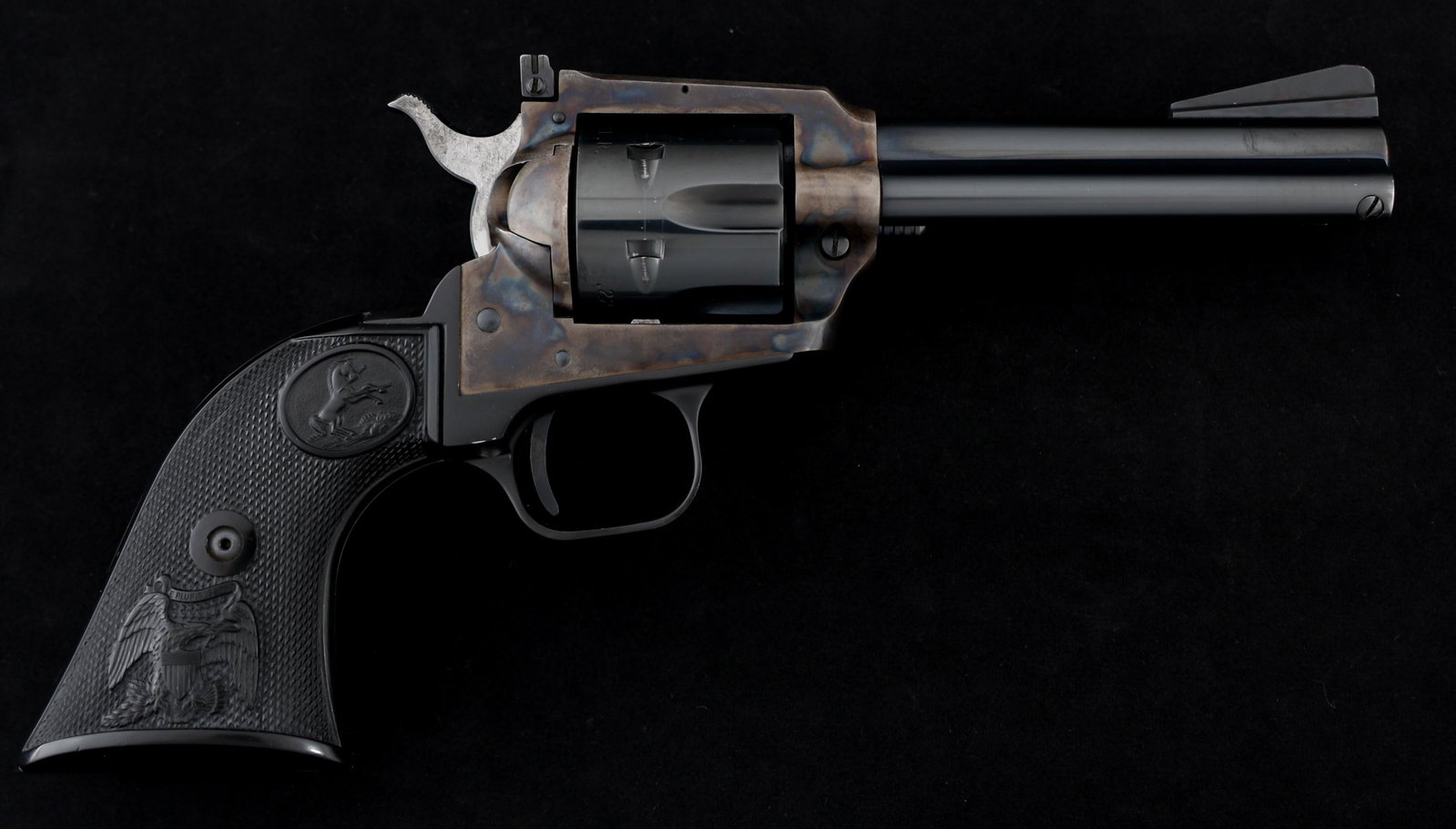 COLT NEW FRONTIER SINGLE ACTION 22 LR/MAG REVOLVER: COLT NEW FRONTIER SINGLE ACTION 22 LR/MAG REVOLVER Colt Model New Frontier single action .22 LR / MAG revolver. Blued finish on barrel, cylinders, trigger and grip frame. Case hardened frame. Fixed ra