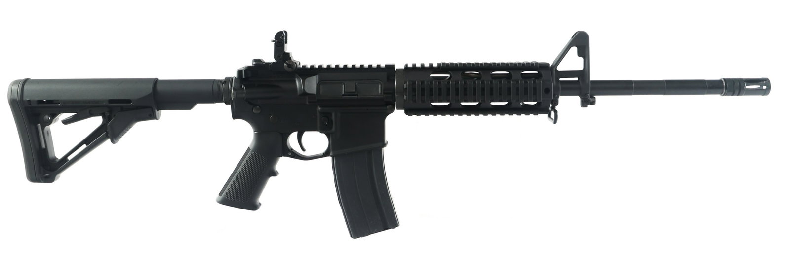 RAT WORX MODEL M-7 6.8mm REM SPC CALIBER CARBINE: RAT WORX MODEL M-7 6.8mm REM SPC CALIBER CARBINE Rat Worx Model M-7 6.8mm Rem Spc caliber semi automatic carbine. Matte black finish. Magpul CTR retractable butt stock. Flip up rear sight. One AR-Ston
