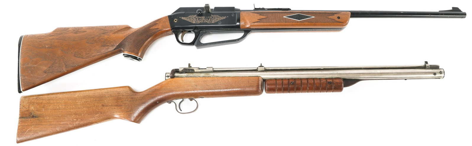 DAISY AND BENJAMIN FRANKLIN BB GUNS LOT OF 2: DAISY AND BENJAMIN FRANKLIN BB GUNS LOT OF 2 Daisy and Benjamin Franklin BB gun lot of 2. A) Daisy Power Line 922 multi pump .22 caliber air rifle. Black painted finish. Plastic stock and fore grip. A