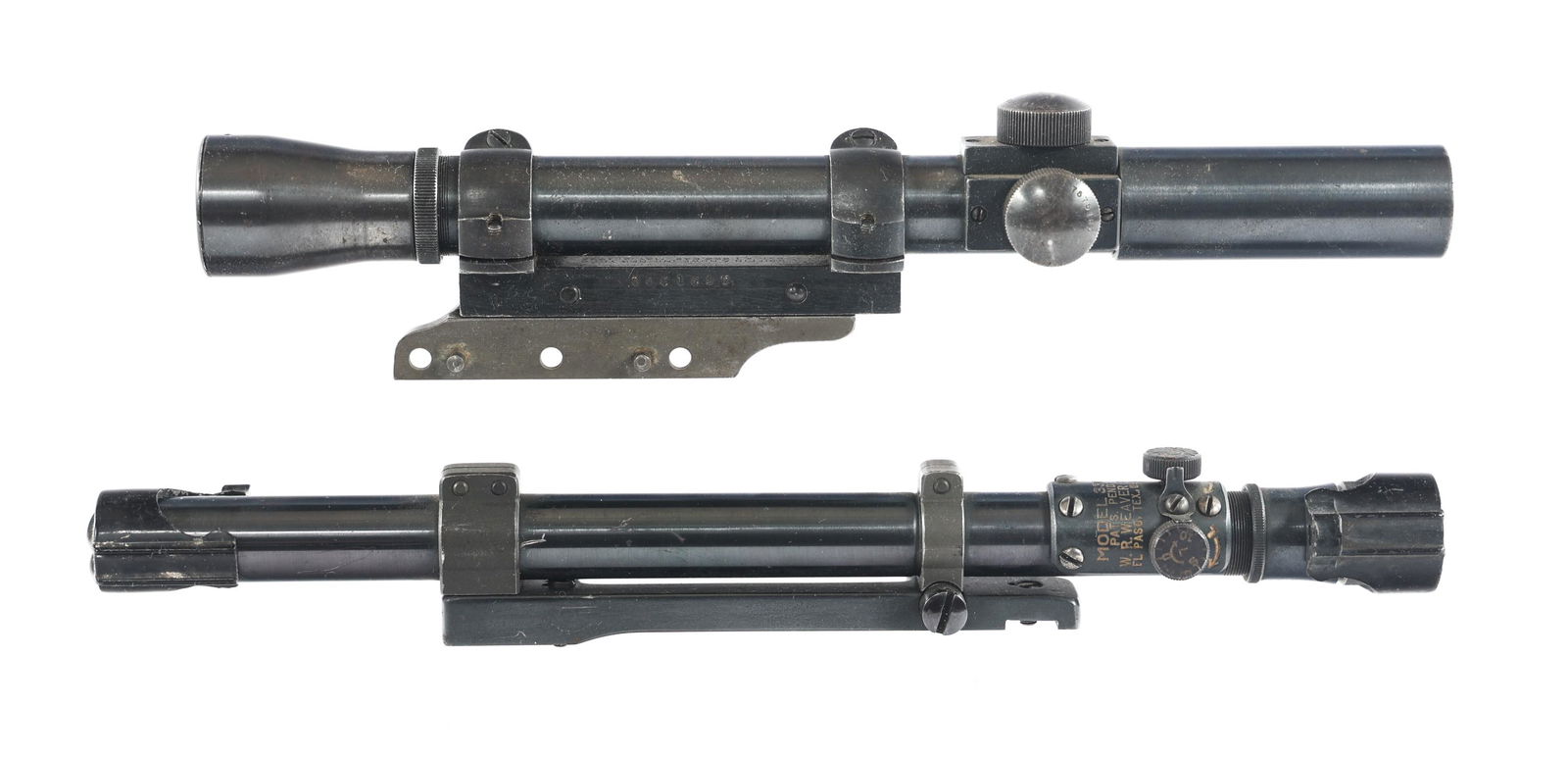 US WWII SNIPER RIFLE SCOPE LOT OF 2: US WWII SNIPER RIFLE SCOPE LOT OF 2 US WWII sniper rifle scope lot of 2. US Telescope M82 serial number 41067 with mount. Weaver Model 330 with mount and lens caps.