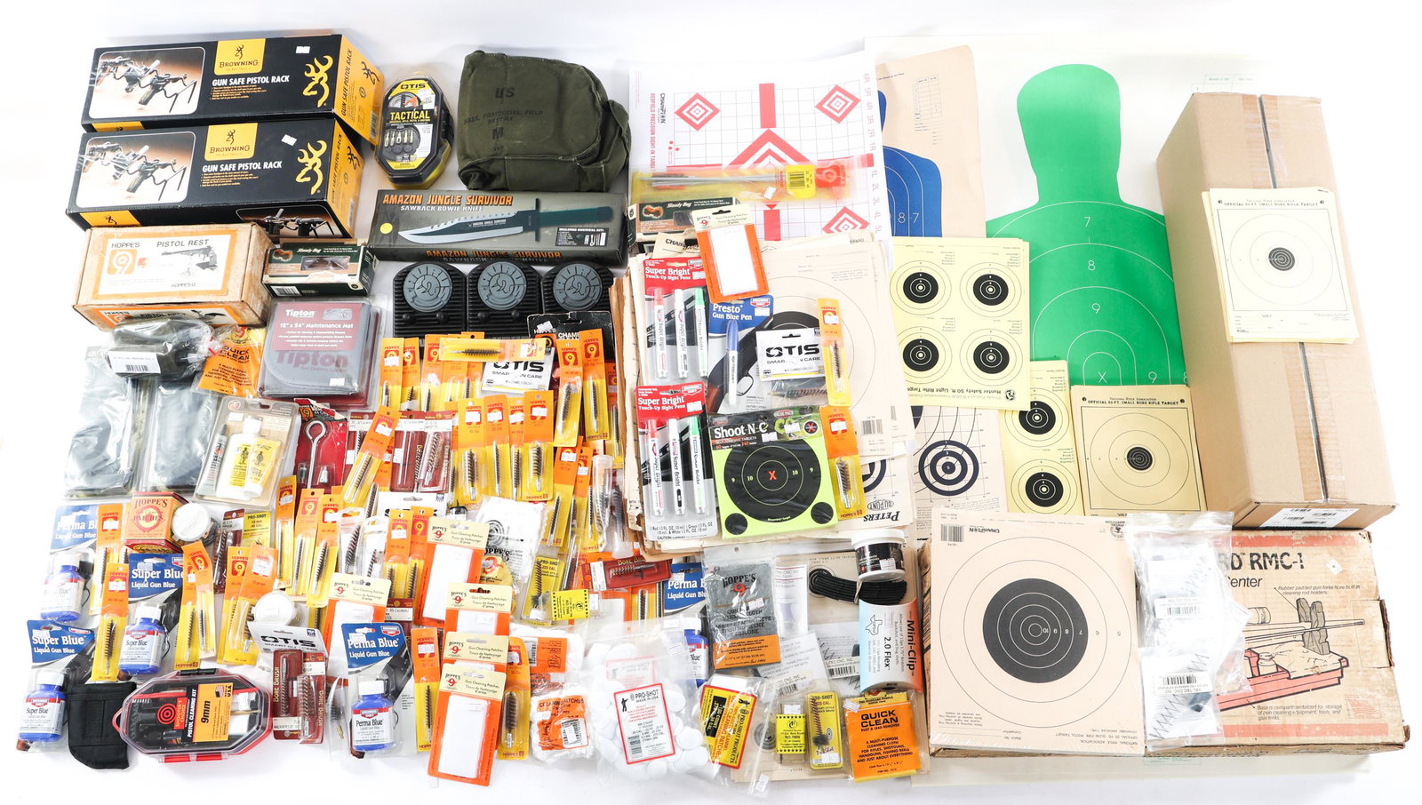FIREARMS ACCESSORIES AND EQUIPMENT BONANZA LOT: FIREARMS ACCESSORIES AND EQUIPMENT BONANZA LOT Firearm accessories and equipment bonanza lot. Bench rests, targets, cleaning supplies, tools, parts, and gun racks.
