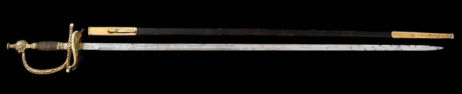 IMPERIAL GERMAN OFFICER COURT SWORD: IMPERIAL GERMAN OFFICER COURT SWORD Imperial German Officer Court Sword. Straight, bright blade with fuller. Acid etched with floral and patriotic patterns. Maker mark / logo of P.O & Co. Decorated gi