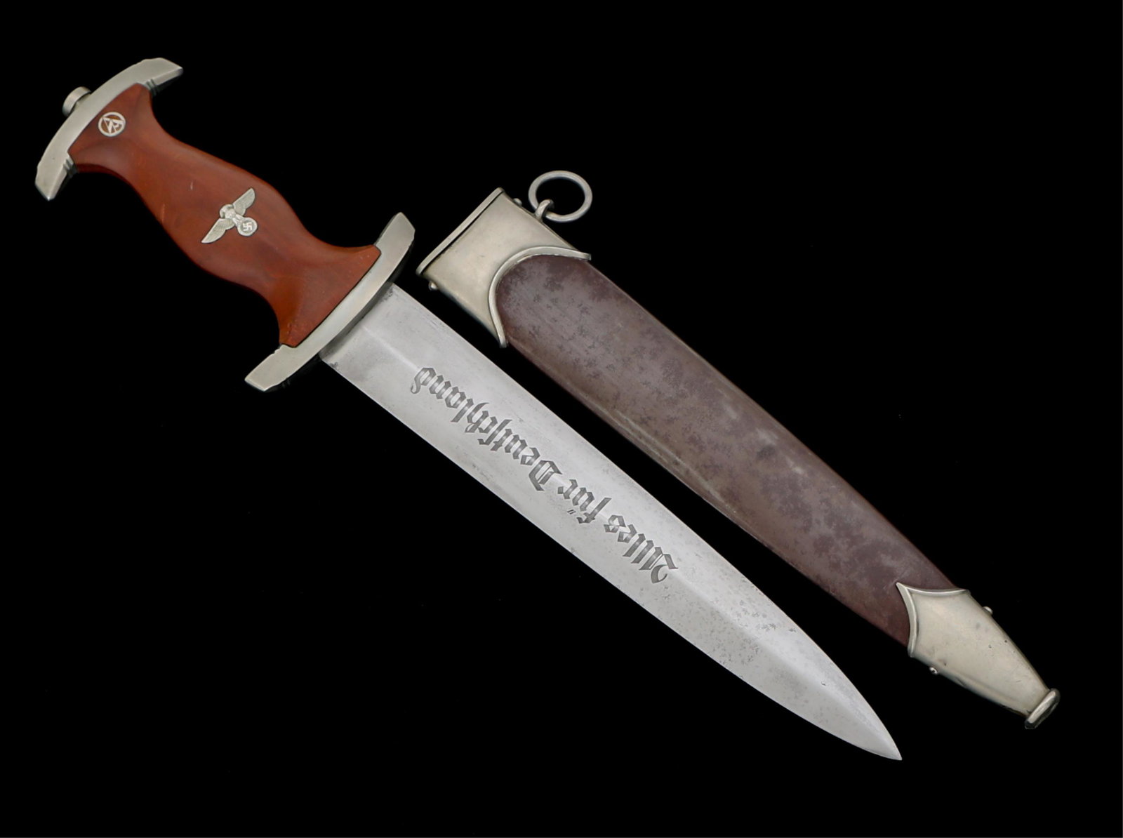WWII GERMAN SA DRESS DAGGER BY J A HENCKELS: WWII GERMAN SA DRESS DAGGER BY J A HENCKELS WWII German SA "Sturmabteilung Dienstdolch" Dress Dagger. Bright, straight blade with acid etched motto "Alles Fur Deutschland" in light grey background. Vi