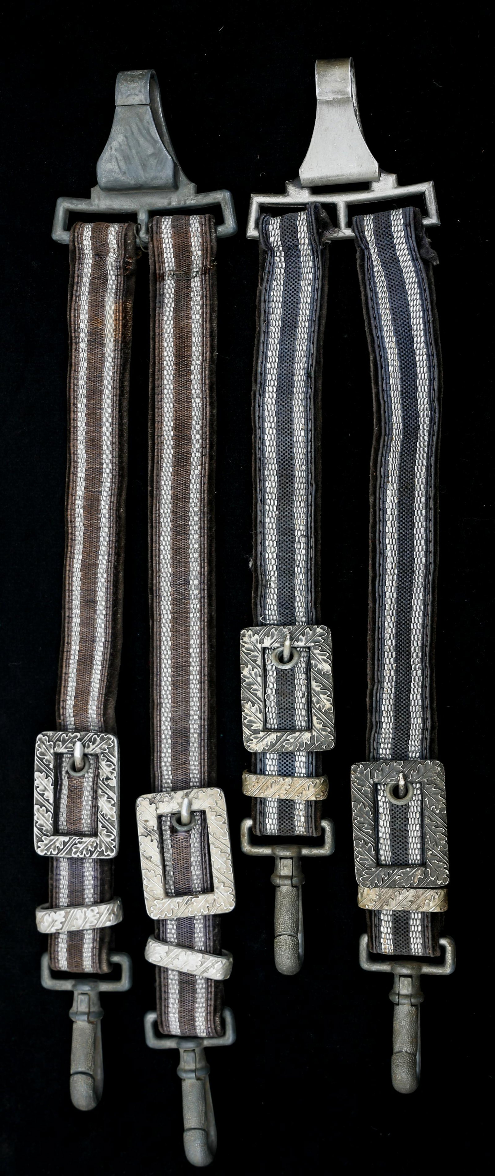 WWII GERMAN LUFTWAFFE DAGGER HANGERS LOT OF 2: WWII GERMAN LUFTWAFFE DAGGER HANGERS LOT OF 2 Lot of 2 WWII German Luftwaffe Dagger Hangers. (1) Grey German Luftwaffe Hanger. Unmarked clasps. Maple leaf decorated square buckle and fittings with sil