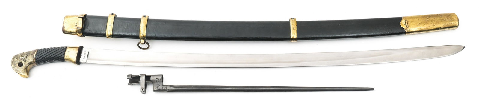 PRE WWII SOVIET COSSACK SHASHKA WITH BAYONET: PRE WWII SOVIET COSSACK SHASHKA WITH BAYONET Pre WWII Soviet Cossack Shashka with Bayonet. Curved, bright blade with fuller. Soviet armorer markings on the ricasso. Maker marks on the blade and the ha