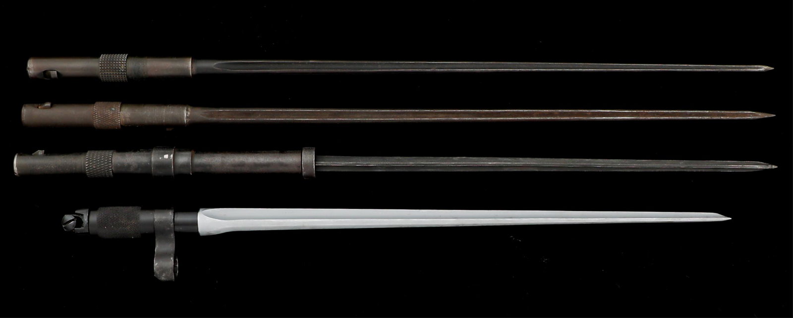 WWII - COLD WAR FRENCH & CHINESE SPIKE BAYONET LOT: WWII - COLD WAR FRENCH & CHINESE SPIKE BAYONET LOT Lot of 4 French and Chinese Spiked Bayonets. (1) French M1936 MAS 1st Variation Bayonet. Needle point, cruciform blade. Marked "DN" on the ricasso, t