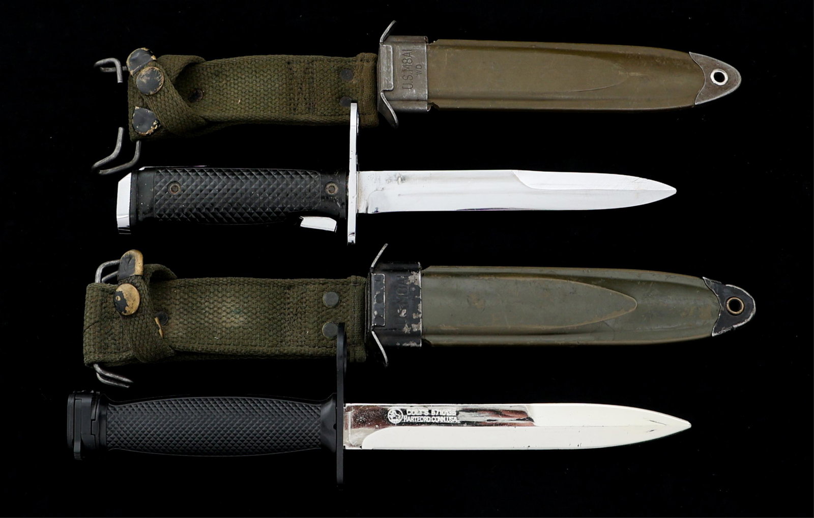 COLD WAR US ARMY M5 & M7 PLASTIC BAYONET LOT OF 2: COLD WAR US ARMY M5 & M7 PLASTIC BAYONET LOT OF 2 Lot of 2 Cold War US Army M5 Chromed Bayonet and M7 All Plastic Bayonet. (1) M5 Chromed Bayonet. Spear point, bright, straight blade. Chromed hilt. Ma