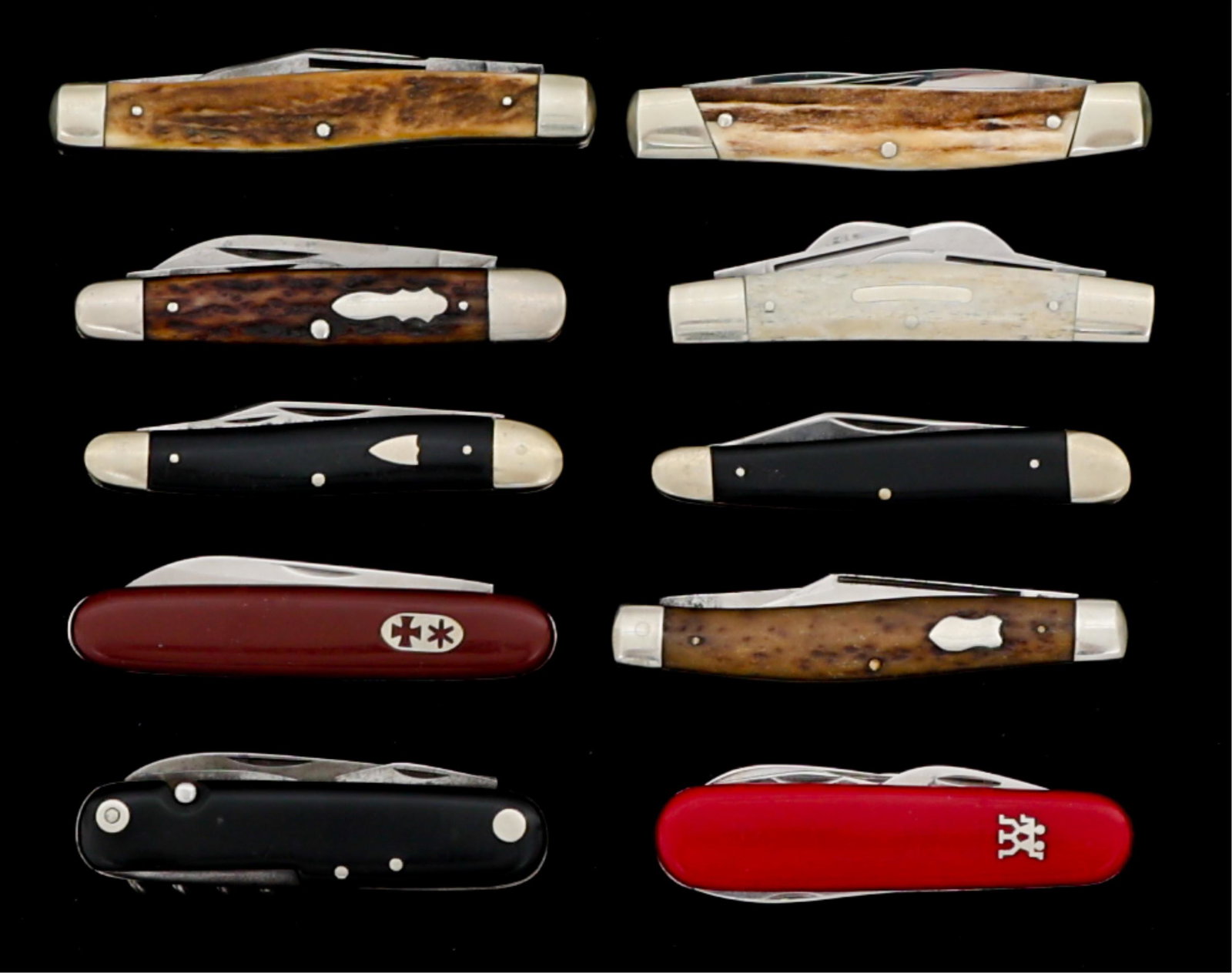 FOLDING POCKET KNIFE LOT OF 10: FOLDING POCKET KNIFE LOT OF 10 Lot of 10 Folding Pocket Knives. Various models. Multiple blades. Makers include J.A. Henckels, Winchester, Cattaraugus, Rodgers, and Frank Buster. Blade Length: 2 1/4"