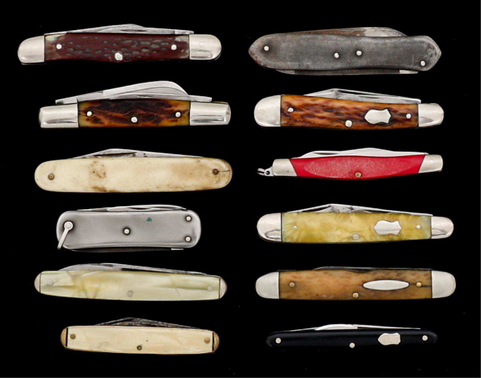 FOLDING POCKET KNIFE LOT OF 12: FOLDING POCKET KNIFE LOT OF 12 Lot of 12 Folding Pocket Knives. Various Models. Multiple blades. Makers include Frost Cutlery, Case XX, Cattaraugus, Sharpleigh, Remington, Pal Cutlery, Buck, J.A. Henc