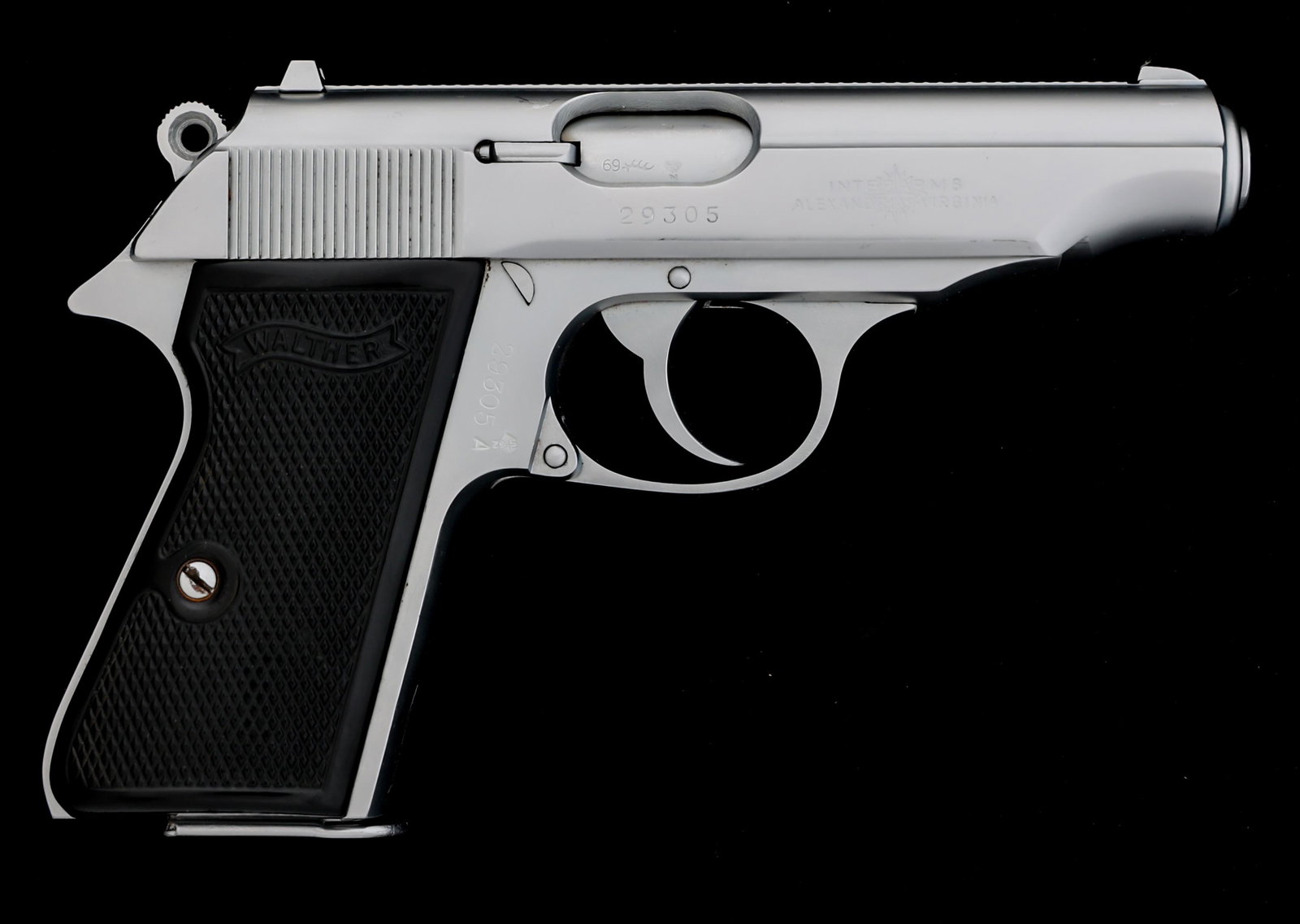 WALTHER MODEL PP .380 ACP CALIBER SEMI AUTO PISTOL: WALTHER MODEL PP .380 ACP CALIBER SEMI AUTO PISTOL 1969 Walther model PP .380 ACP caliber semi automatic pistol. Inter Arms Import marks. Silver finish. Fixed sights. Nitro marking on frame, slide and