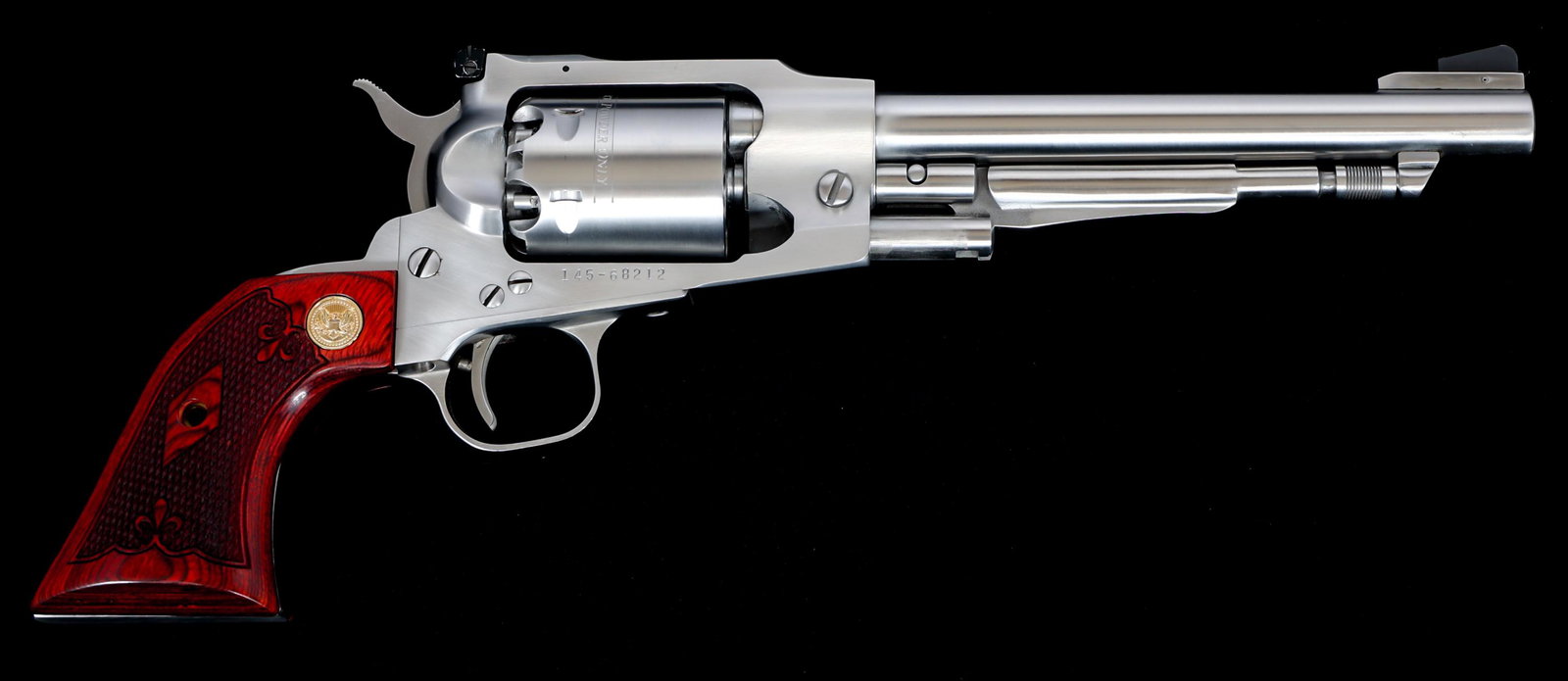RUGER OLD ARMY .44 CALIBER PERCUSSION REVOLVER: RUGER OLD ARMY .44 CALIBER PERCUSSION REVOLVER Ruger Old Army .44 caliber single action percussion revolver. Stainless steel finish. Checkered walnut grips with Presidential Seal medallion. Adjustable
