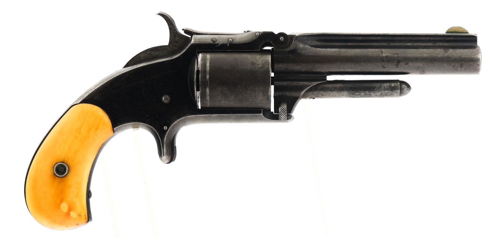 SMITH & WESSON MODEL 1 1/2 2nd TYPE .32 REVOLVER: SMITH & WESSON MODEL 1 1/2 2nd TYPE .32 REVOLVER Smith & Wesson Model 1 1/2 second edition single action .32 short caliber revolver. Barrel stamped Smith & Wesson Springfield Mass. PAT'D APR.3.55. JUL