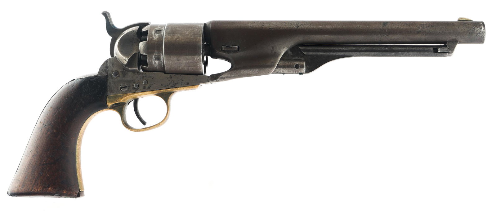 1861 US COLT MODEL 1860 ARMY .44 CALIBER REVOLVER: 1861 US COLT MODEL 1860 ARMY .44 CALIBER REVOLVER 1861 US Colt Model 1860 Army .44 caliber single action percussion revolver. Matching numbers on frame and cylinder pin. Barrel numbered 120443 with il