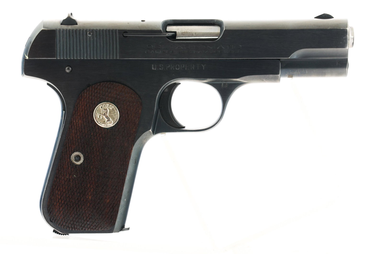 WWII US COLT M1908 POCKET HAMMERLESS .380 PISTOL: WWII US COLT M1908 POCKET HAMMERLESS .380 PISTOL 1942 US Colt Model 1908 pocket Hammerless .380 ACP caliber semi automatic pistol. Serial numbers match on frame and slide. Right frame stamped U.S. PRO