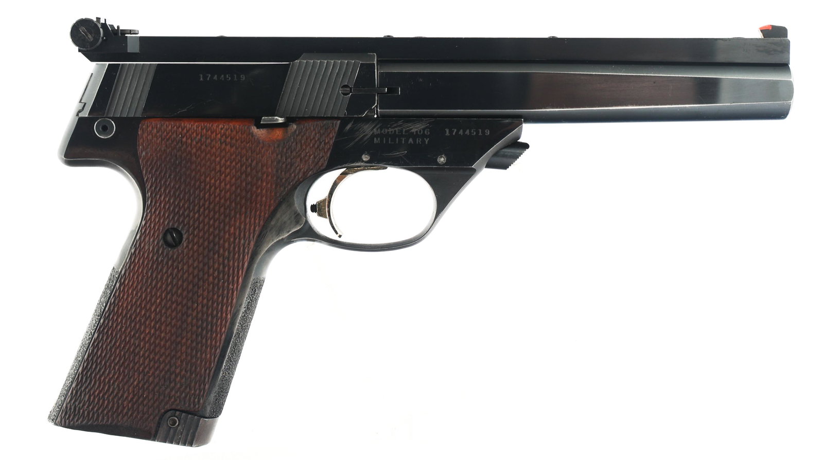 HI STANDARD MODEL 106 MILITRAY .22 LR CAL PISTOL: HI STANDARD MODEL 106 MILITRAY .22 LR CAL PISTOL 1966 High Standard Giles Supermatic Trophy Model 106 Military .22 LR caliber semi automatic pistol. Left side of slide stamped "Supermatic Trophy". Rig