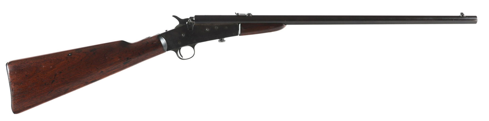 REMINGTON MODEL 6 .22 CALIBER ROLLING BLOCK RIFLE: REMINGTON MODEL 6 .22 CALIBER ROLLING BLOCK RIFLE Remington model 6 .22 S-L-LR Rolling Block Rifle. Fixed blade front sight. Adjustable rear sight. Walnut stock. Remington UMC trade mark stamped in bu