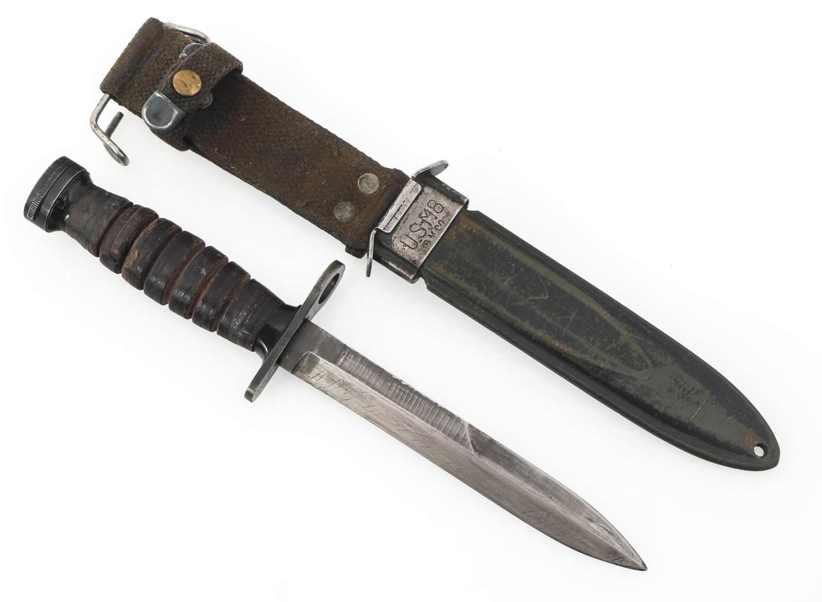 WWII US ARMY M4 BAYONET & SCABBARD BY IMPERIAL: WWII US ARMY M4 BAYONET & SCABBARD BY IMPERIAL WWII US Army M4 bayonet for M1 carbine. Parkerized blade, stacked leather handle. Stamped "U.S M4 Imperial" under the guard. USM8 scabbard. Blade Length: