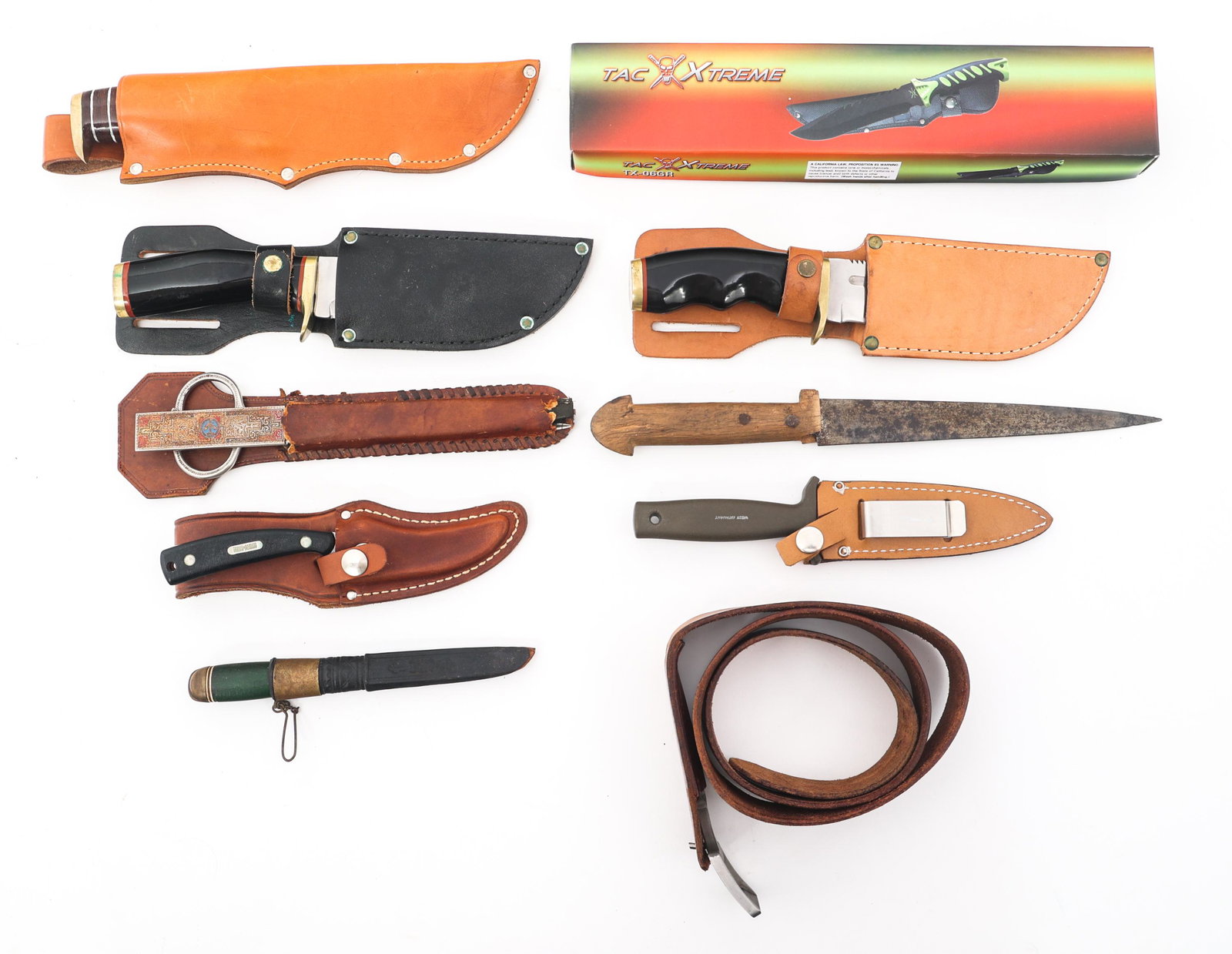 FIXED BLADE KNIVES LOT OF 10: FIXED BLADE KNIVES LOT OF 10 Mixed lot of 10 Fixed Blade Knives. Including: Schrade; Chiron Tuttlinger set; Push dagger belt buckle; Japanese made; and others. Blade Length: 4" to 7.5" Total Length: 6