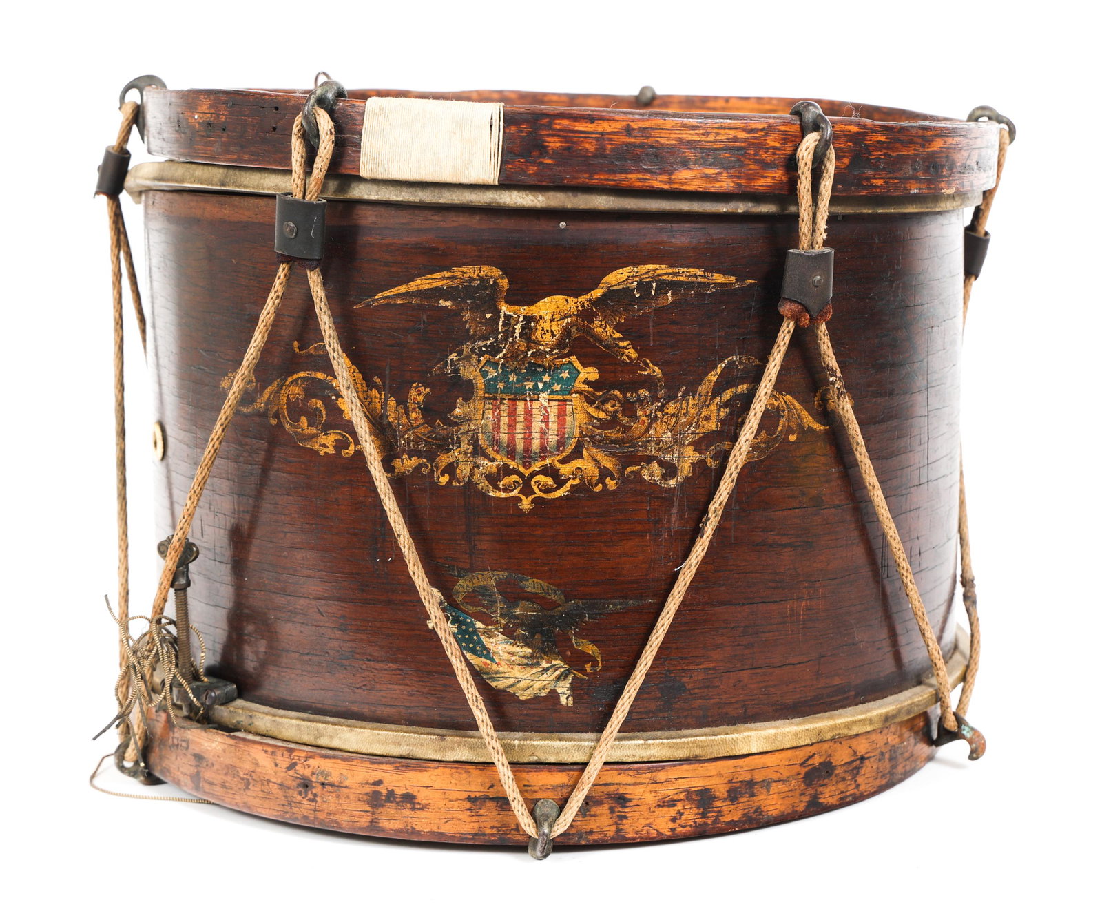 CIVIL WAR UNION REGIMENTAL SNARE DRUM: CIVIL WAR UNION REGIMENTAL SNARE DRUM Civil War Union Regimental Snare Drum. Eagle and shield painted on. Size: 16" x 12"