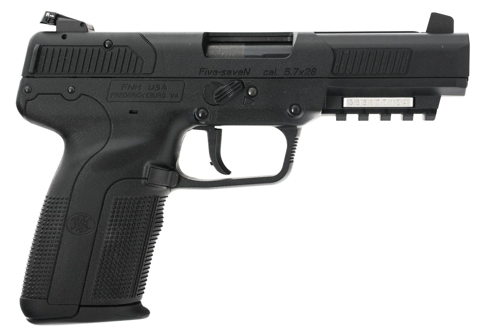 FN HERSTAL MODEL FIVE-SEVEN 5.7X28mm CAL PISTOL: FN HERSTAL MODEL FIVE-SEVEN 5.7X28mm CAL PISTOL FN Herstal Model Five Seven 5.7x28mm caliber semi automatic pistol. Black finish. Checkered grips. Adjustable rear sight. Four magazines. Gun lock. Manu