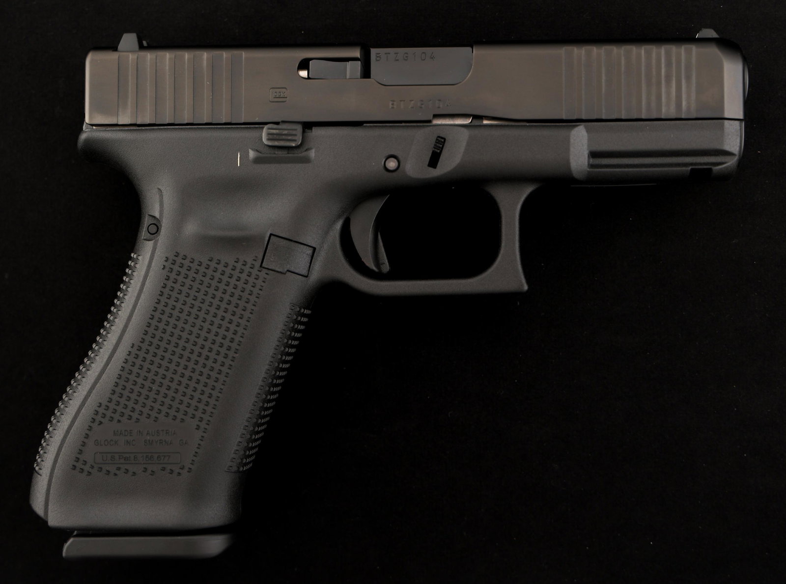 GLOCK MODEL 45 GEN 5 9mm CAL SEMI AUTO PISTOL: GLOCK MODEL 45 GEN 5 9mm CAL SEMI AUTO PISTOL Glock Model 45 GEN 5 9mm caliber semi automatic pistol. Black frame. 3 10 round magazines. 5 back straps. Magazine loader. Original hard case with owners 