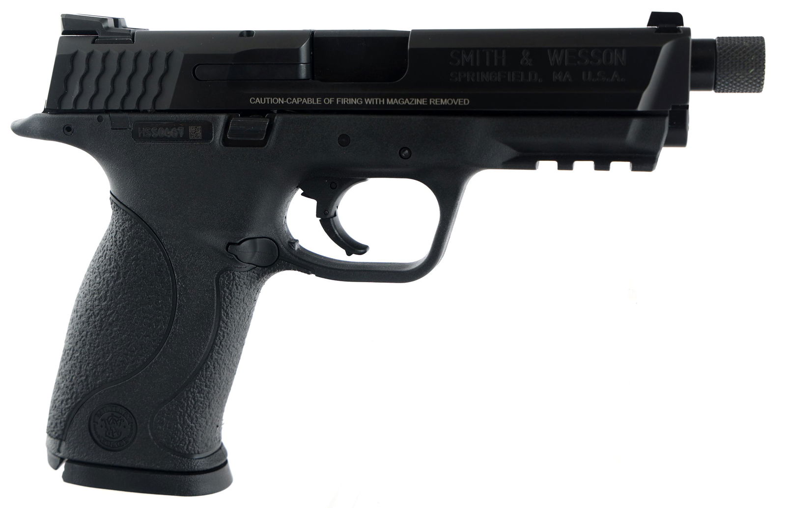 SMITH & WESSON MODEL M&P 9 9mm CALIBER PISTOL: SMITH & WESSON MODEL M&P 9 9mm CALIBER PISTOL Smith & Wesson model M&P9 9mm caliber semi automatic pistol. Armornite finish. White 3 dot sights. Threaded barrel. Four magazines. Original Smith & Wesso