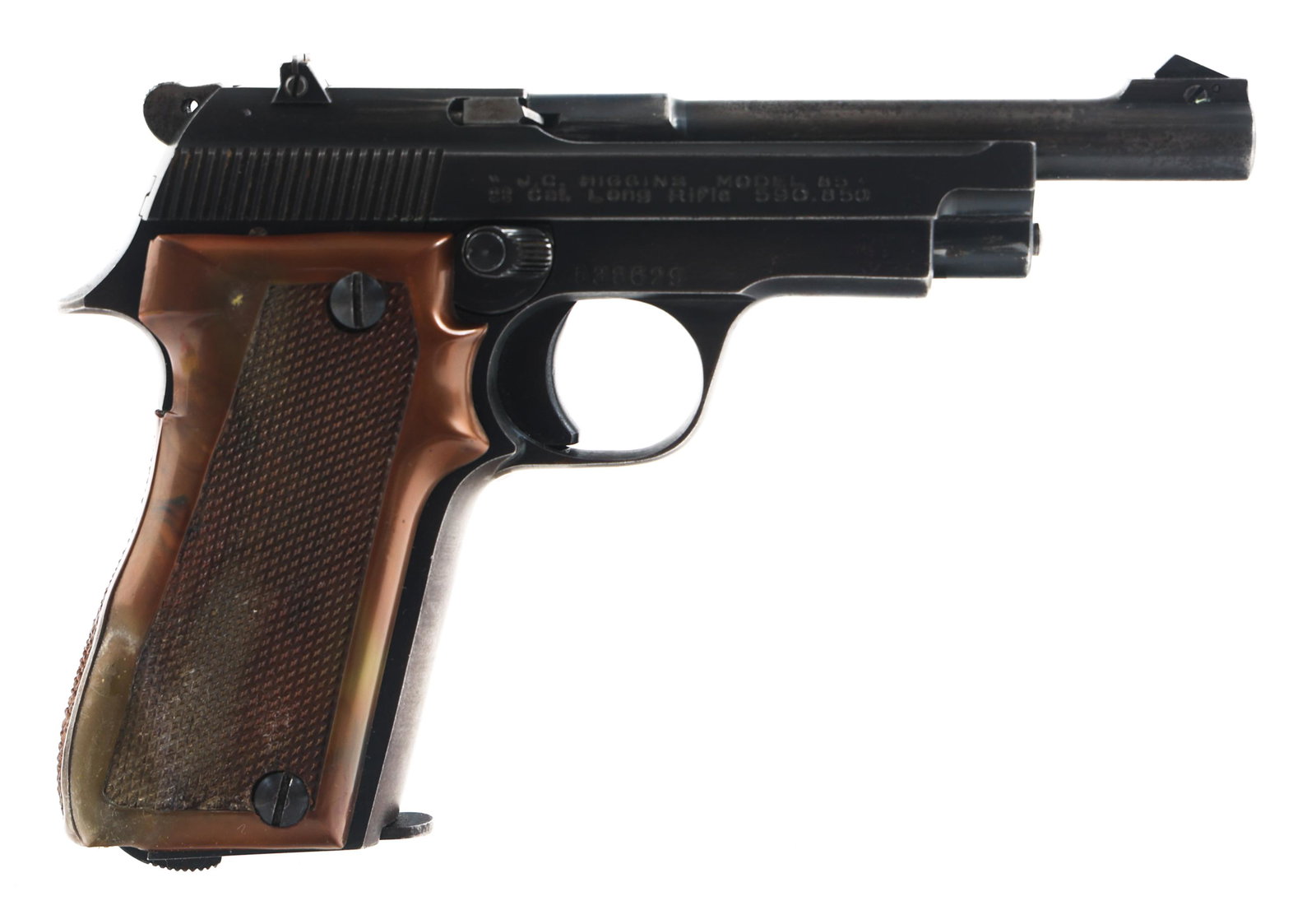 J.C. HIGGINS MODEL 85 .22 LR SEMI AUTO PISTOL: J.C. HIGGINS MODEL 85 .22 LR SEMI AUTO PISTOL J.C. Higgins Model 85 .22 LR caliber semi automatic pistol. Blued finish. Adjustable sights. Composite grips. One magazine. | Caliber / Ga 22 LR | Barrel 