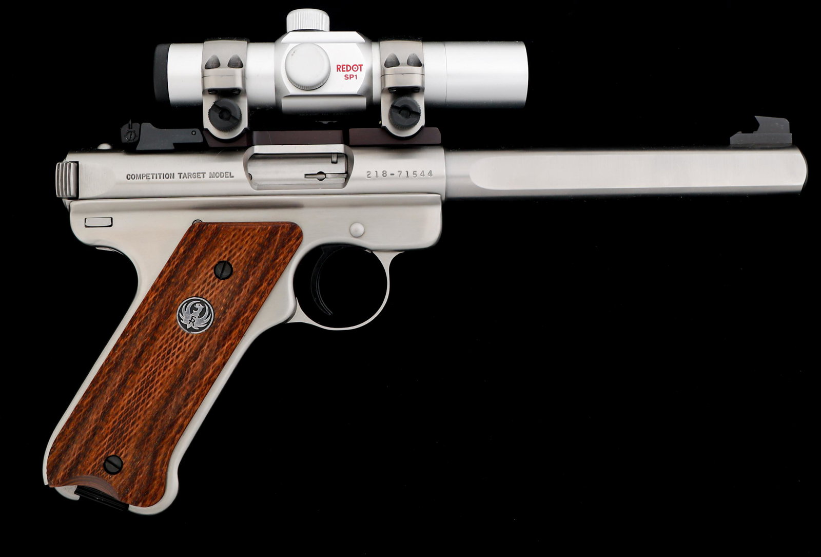 RUGER MODEL MARK II TARGET .22 LR CAL PISTOL: RUGER MODEL MARK II TARGET .22 LR CAL PISTOL Ruger Model Mk II Target .22 LR caliber semi automatic pistol. Stainless steel finish. Checkered thumb-rest target grips. Adjustable rear sight. Picatinny 