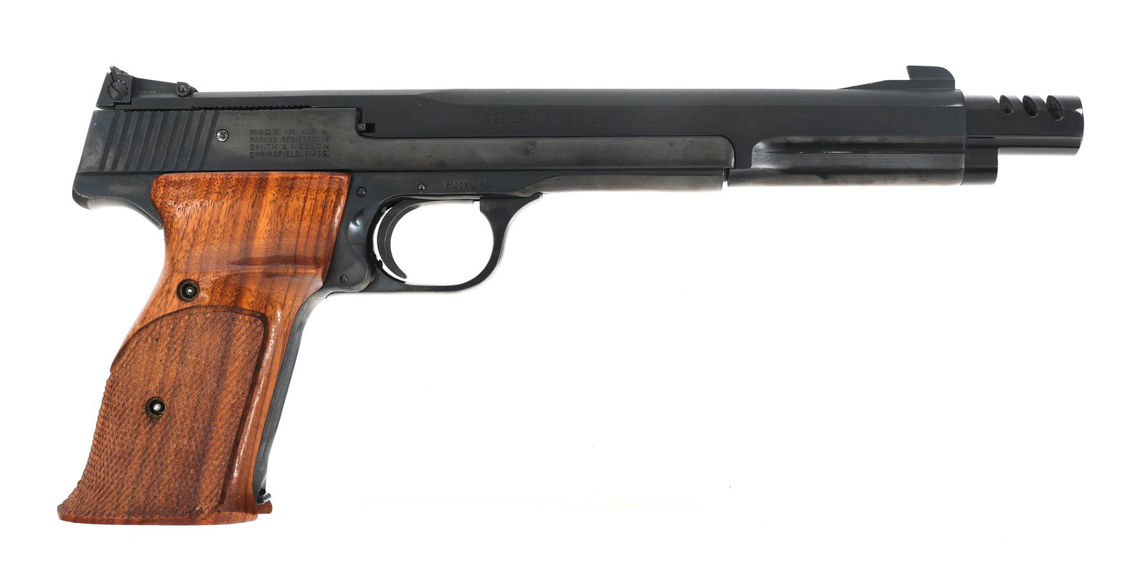 SMITH & WESSON MODEL 41 .22 LR CALIBER PISTOL: SMITH & WESSON MODEL 41 .22 LR CALIBER PISTOL Smith & Wesson Model 41 .22 LR caliber semi automatic pistol Blued finish. Checkered wood grips. Adjustable rear sight. 7" ported barrel. Two magazines. |