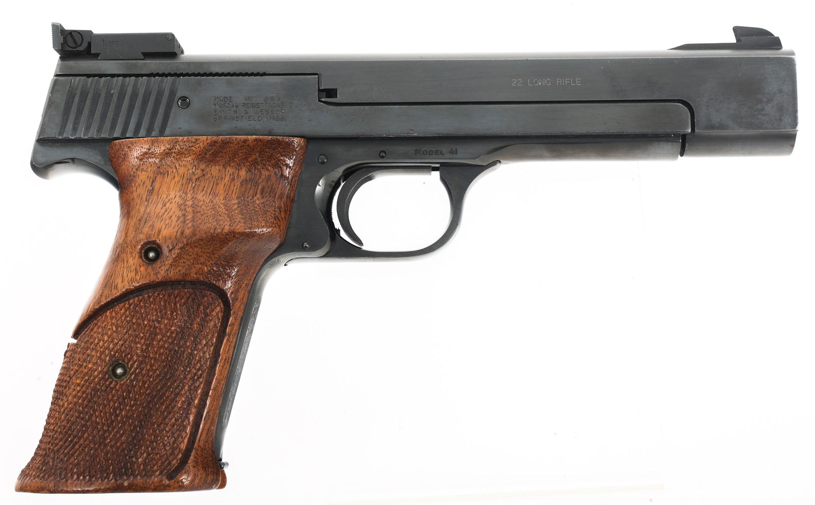 SMITH & WESSON MODEL 41 .22 LR CALIBER PISTOL: SMITH & WESSON MODEL 41 .22 LR CALIBER PISTOL Smith & Wesson Model 41 .22 LR caliber semi automatic pistol Blued finish. Checkered wood grips. Adjustable rear sight. Three magazines. | Caliber / Ga 22