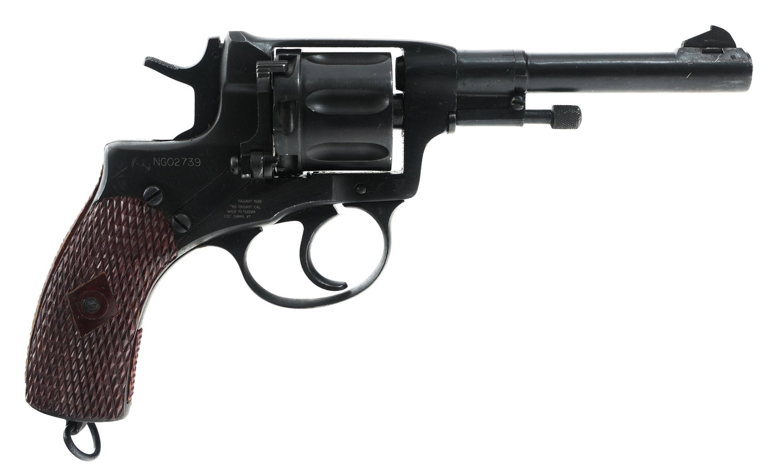 1938 RUSSIAN TULA MODEL 1895 NAGANT REVOLVER: 1938 RUSSIAN TULA MODEL 1895 NAGANT REVOLVER 1938 Tula Nagant Model 1895 7.62x38mm caliber single action revolver. Private's Model single action. Right side of frame import stamped "C.D.I. SWAN. VT." 