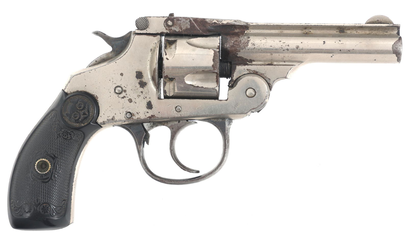 IVER JOHNSON 2nd MODEL TOP BREAK .32 S&W REVOLVER: IVER JOHNSON 2nd MODEL TOP BREAK .32 S&W REVOLVER Iver Johnson Arms & Cycle Works 2nd Model Safety Automatic .32 caliber double action revolver. Nickel finish. Hard rubber grips with Iver Johnson logo