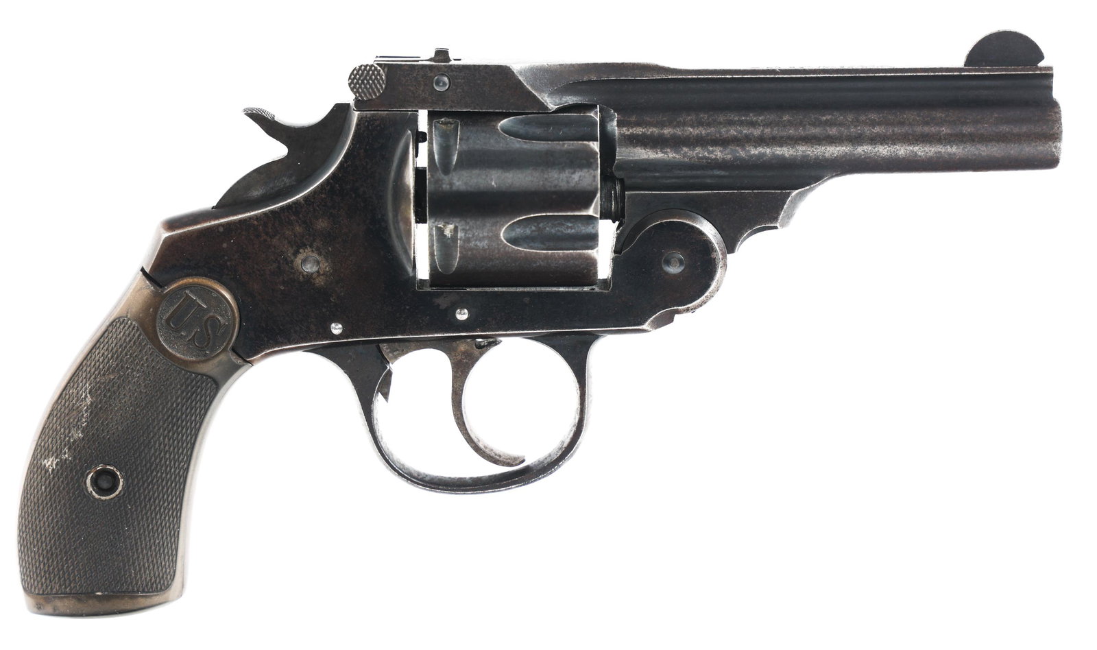 US REVOLVER COMPANY .38 S&W CALIBER REVOLVER: US REVOLVER COMPANY .38 S&W CALIBER REVOLVER US Revolver .38 S&W caliber top break double action revolver. Blued finish. Checkered hard rubber grips with US logo. Fixed sights. | Caliber / Ga 38 S&W |