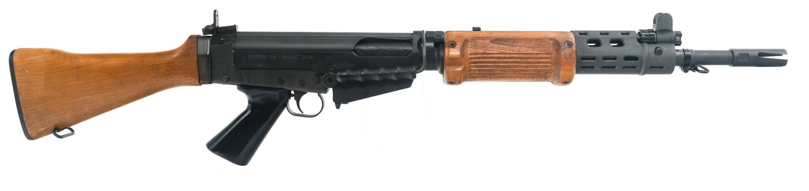 ENTERPRISE ARMS MODEL STG58C 7.62mm CARBINE: ENTERPRISE ARMS MODEL STG58C 7.62mm CARBINE Enterprise Arms model STG58C 7.62x51mm caliber carbine. Parkerized finish. Four prong flash hider. Adjustable sights. Carrying handle. Wood handguard and st