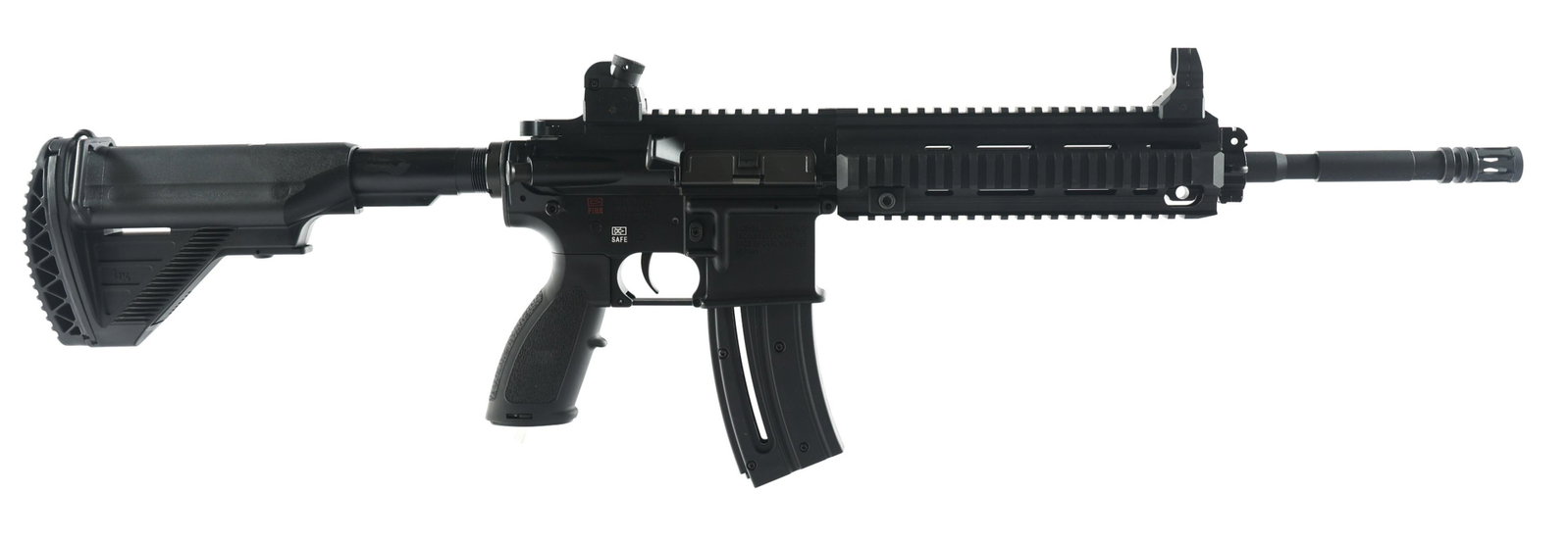 HECKLER & KOCH MODEL HK 416D .22 LR CAL RIFLE: HECKLER & KOCH MODEL HK 416D .22 LR CAL RIFLE Heckler & Koch Model HK 416D .22 LR caliber semi automatic rifle. Matte black finish. Fixed front sight. Diopter drum rear sight. Quad rail fore end. 6 po