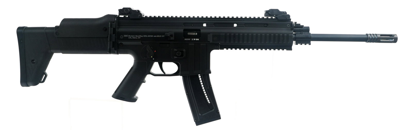 ISSC MODEL MK22 .22 LR CALIBER RIFLE: ISSC MODEL MK22 .22 LR CALIBER RIFLE ISSC Model Mk.22 .22 LR caliber semi automatic rifle. Right side of receiver import stamped "LSI Reno NV". Matte black finish. Flat top receiver. Composite stock a
