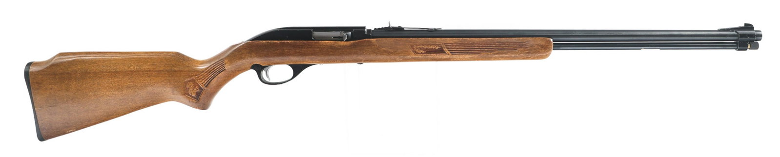 MARLIN GLENFIELD MODEL 60 .22 LR CALIBER RIFLE: MARLIN GLENFIELD MODEL 60 .22 LR CALIBER RIFLE Marlin Glenfield Model 60 .22 LR caliber semi automatic rifle. Blued finish. Wooden stock is engraved with leaves and squirrels. Adjustable rear sight. |