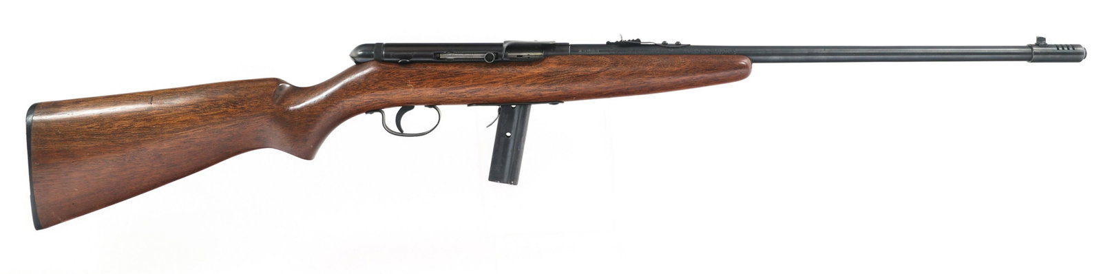SQUIRES BINGHAM MODEL 20 .22 LR CALIBER RIFLE: SQUIRES BINGHAM MODEL 20 .22 LR CALIBER RIFLE Squires Bingham Model 20 .22 LR caliber semi automatic rifle. Blued finish. Walnut stock. Adjustable rear sight. Compensator. One magazine. | Caliber / Ga