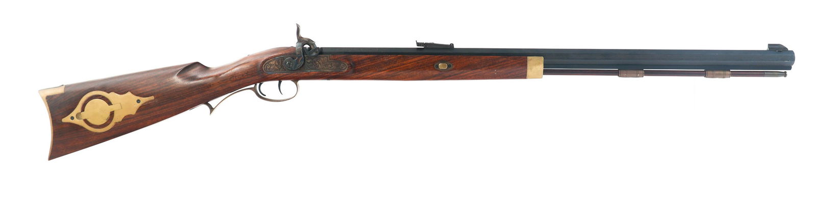 CABELAS HAWKEN .54 CALIBER BLACK POWDER RIFLE: CABELAS HAWKEN .54 CALIBER BLACK POWDER RIFLE Cabela's Hawken .54 caliber black powder rifle. Blued finish. Walnut stock. 28.75" octagonal barrel. Adjustable rear sight. Brass patch box on right side