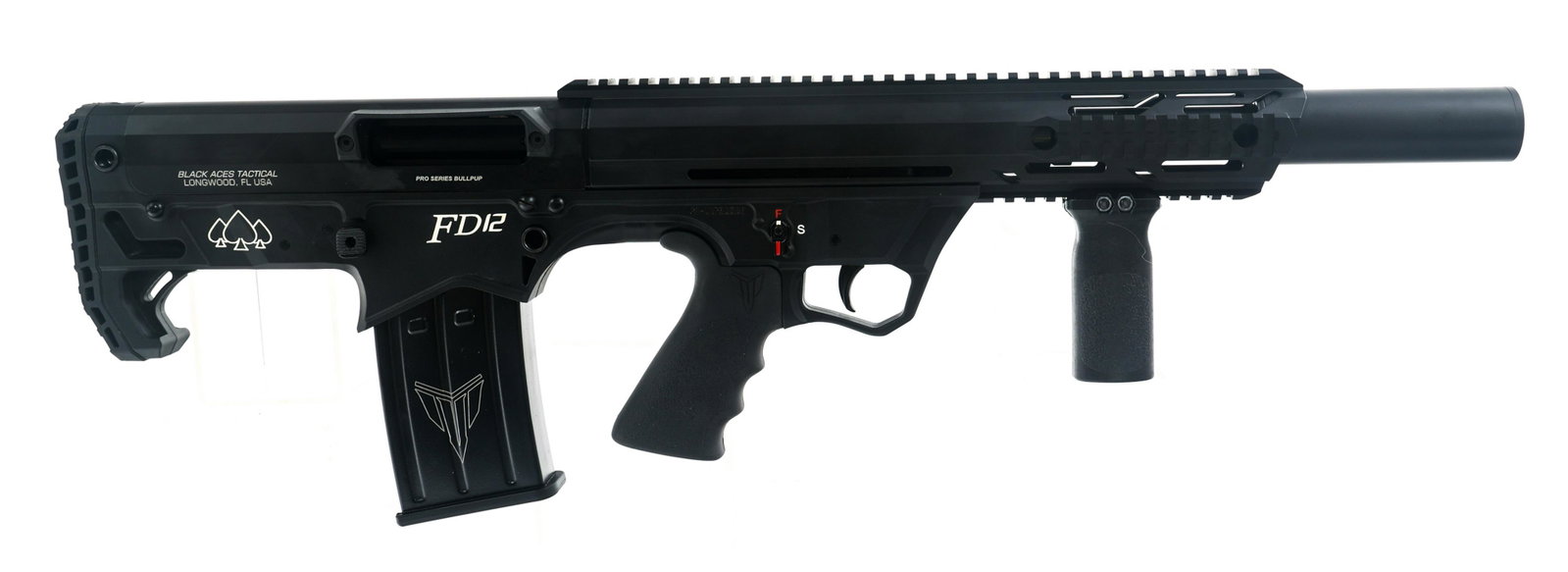 BLACK ACES MODEL FD12 SEMI AUTO 12 GAUGE SHOTGUN: BLACK ACES MODEL FD12 SEMI AUTO 12 GAUGE SHOTGUN Black Aces model FD12 semi automatic 12 gauge shotgun. Matte black finish. Cylinder bore choke installed. Black Aces rubber grip. One magazine. | Calib